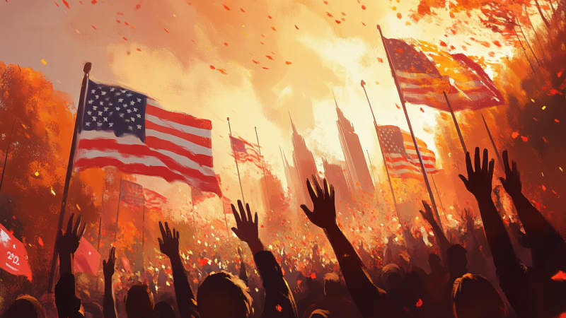 Petrsimi_american_elections_2024_flags_people_hands_up_banner