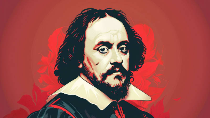 Vintage shakespeare portrait with red floral background, classic literature inspired art print with flowers